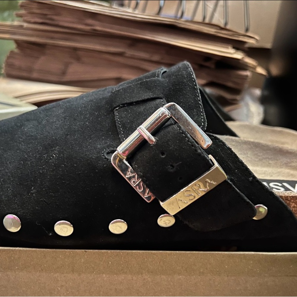 Black suede clogs . New/ never worn